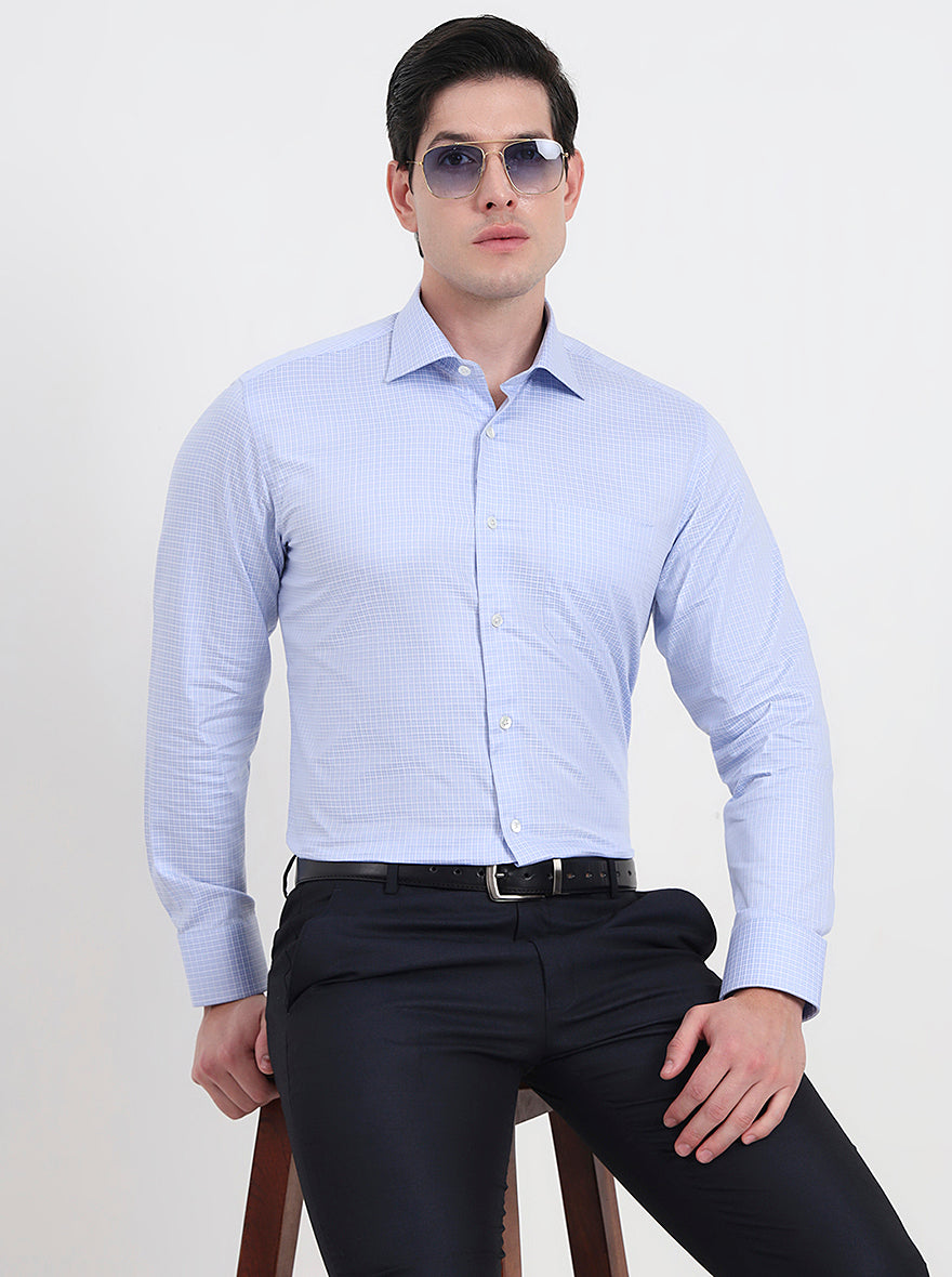 Light Blue Checked Slim Fit Formal Shirt | JadeBlue Super Luxe