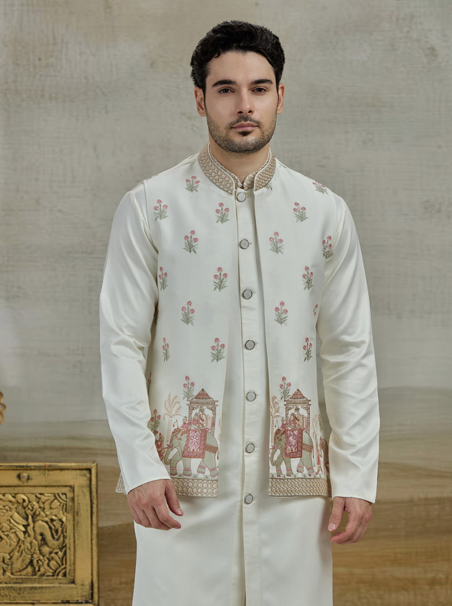 Cream Embroidered Kurta Pajama with Koti | Virasana