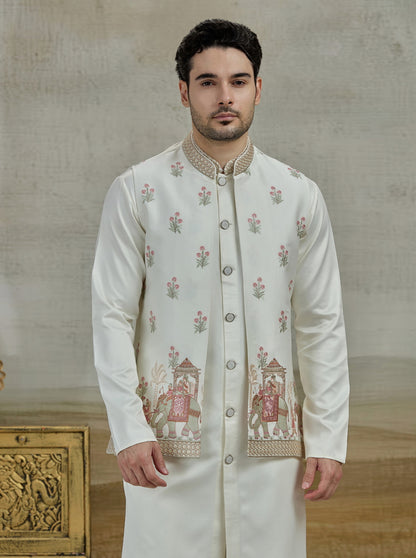 Cream Embroidered Kurta Pajama with Koti | Virasana