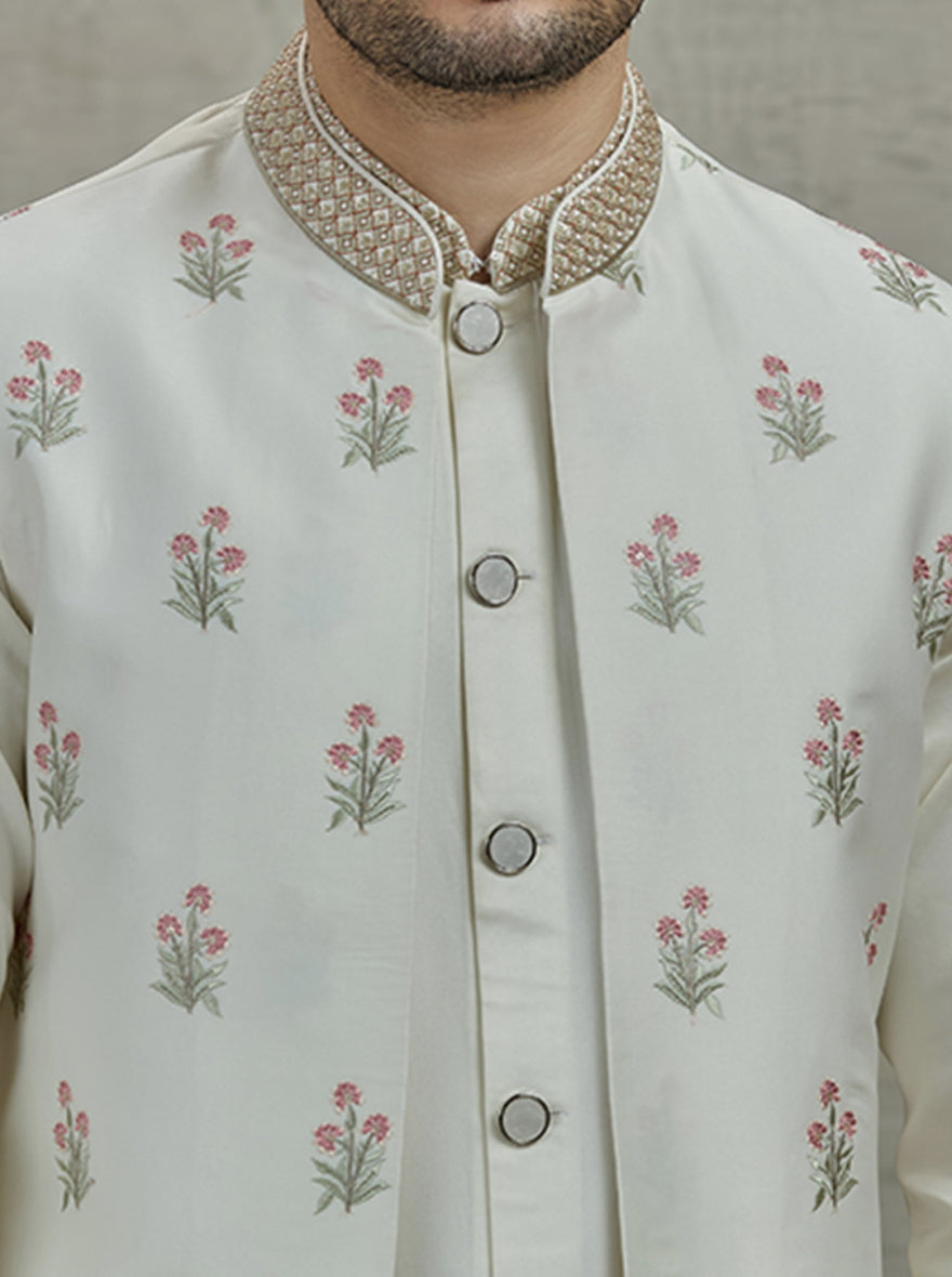 Cream Embroidered Kurta Pajama with Koti | Virasana
