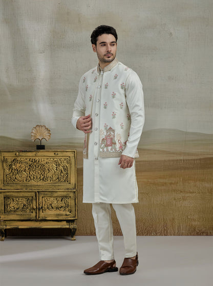 Cream Embroidered Kurta Pajama with Koti | Virasana