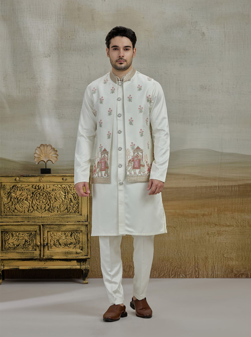 Cream Embroidered Kurta Pajama with Koti | Virasana