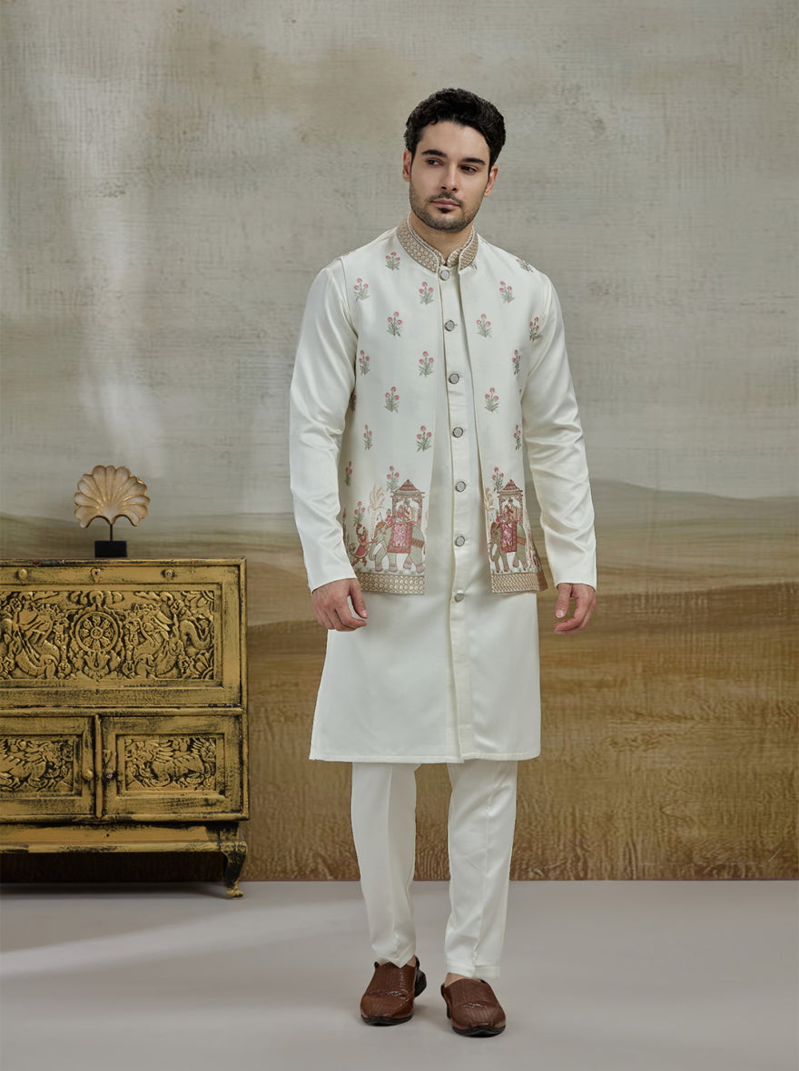 Cream Embroidered Kurta Pajama with Koti | Virasana