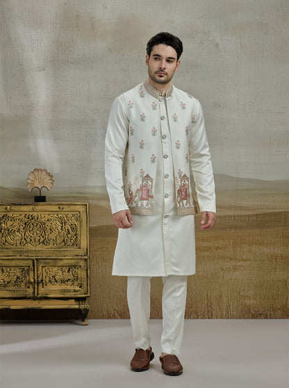 Cream Embroidered Kurta Pajama with Koti | Virasana