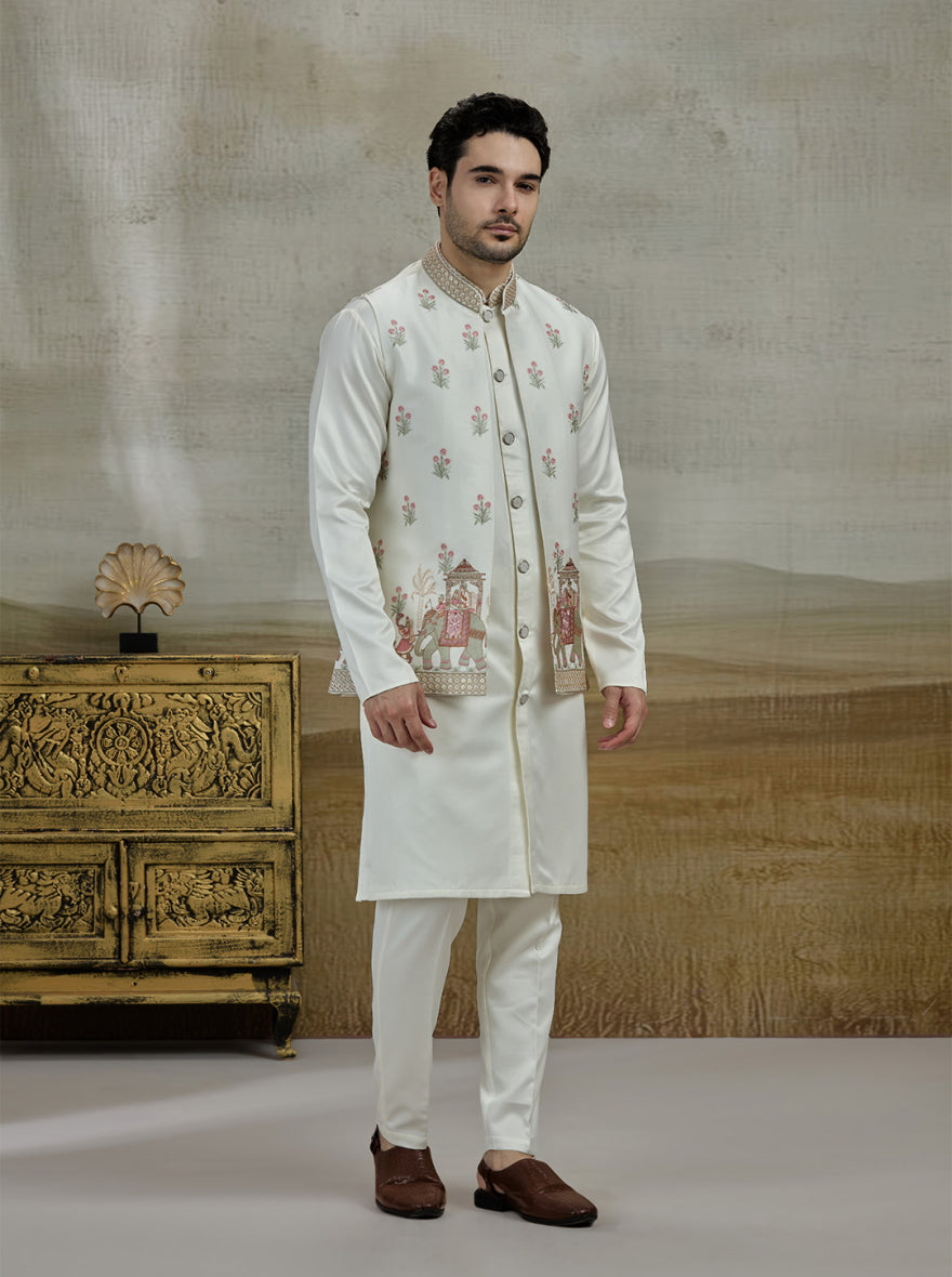 Cream Embroidered Kurta Pajama with Koti | Virasana