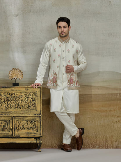 Cream Embroidered Kurta Pajama with Koti | Virasana