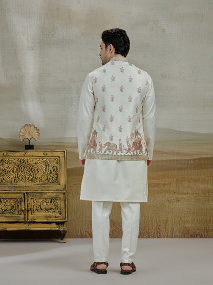 Cream Embroidered Kurta Pajama with Koti | Virasana
