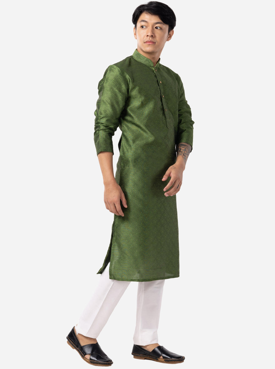 Basil Green Printed Cotton Silk Blend Kurta | The Kurta Company