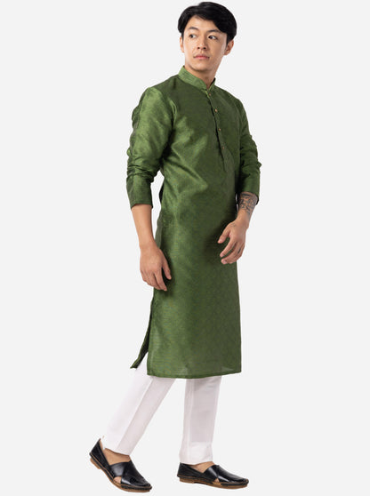 Basil Green Printed Cotton Silk Blend Kurta | The Kurta Company