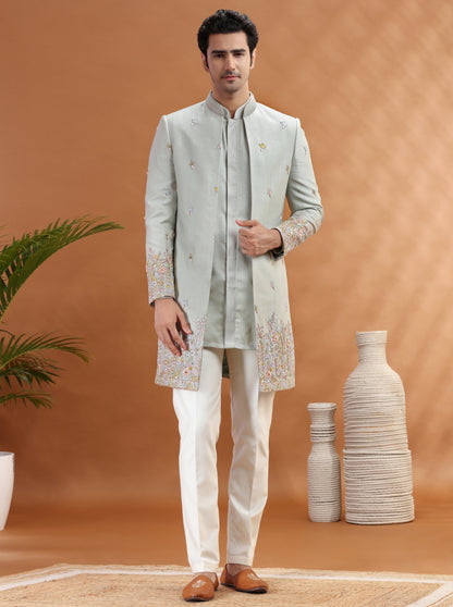 Pista Green Embroidered Indowestern | Virasana