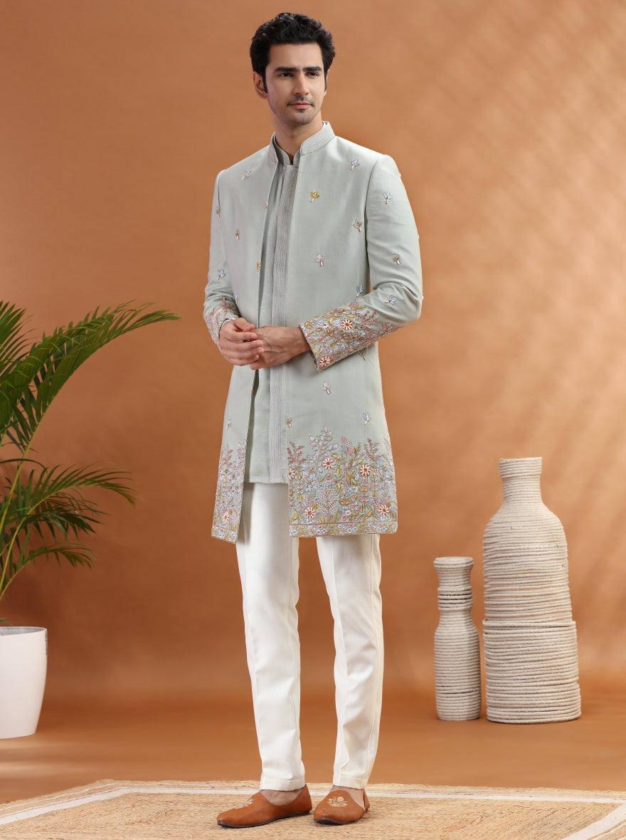 Pista Green Embroidered Indowestern | Virasana