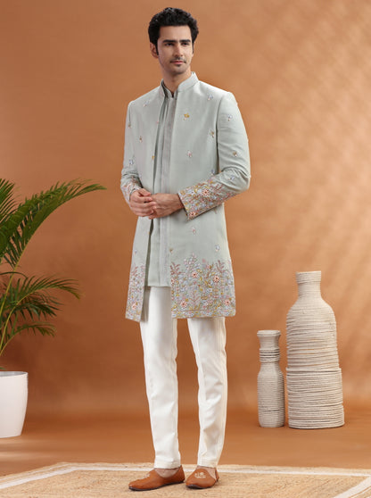 Pista Green Embroidered Indowestern | Virasana