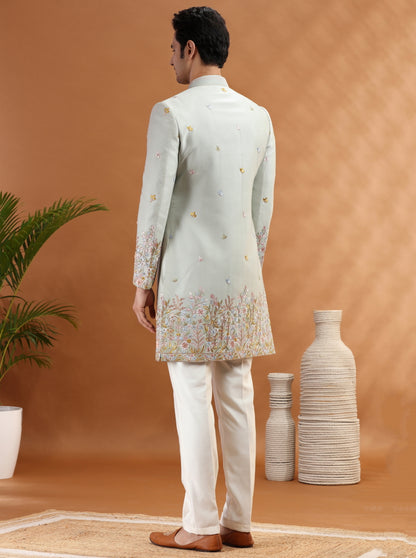 Pista Green Embroidered Indowestern | Virasana