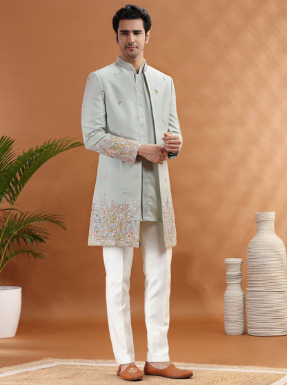 Pista Green Embroidered Indowestern | Virasana