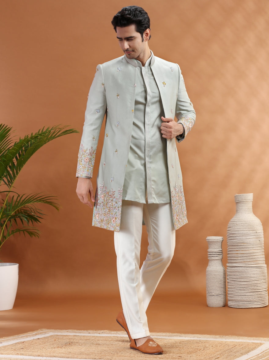 Pista Green Embroidered Indowestern | Virasana