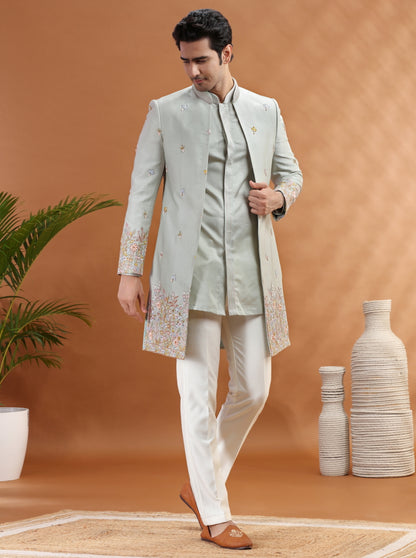 Pista Green Embroidered Indowestern | Virasana