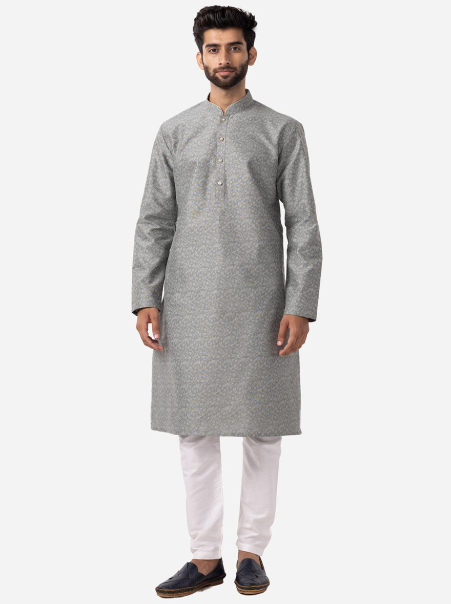 Grey Printed Cotton Silk Blend Kurta | The Kurta Company