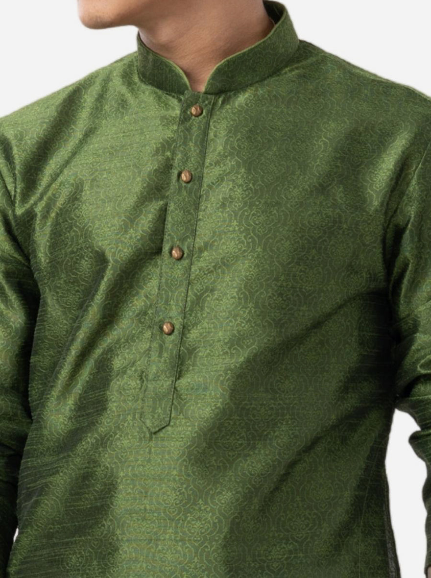 Basil Green Printed Cotton Silk Blend Kurta | The Kurta Company