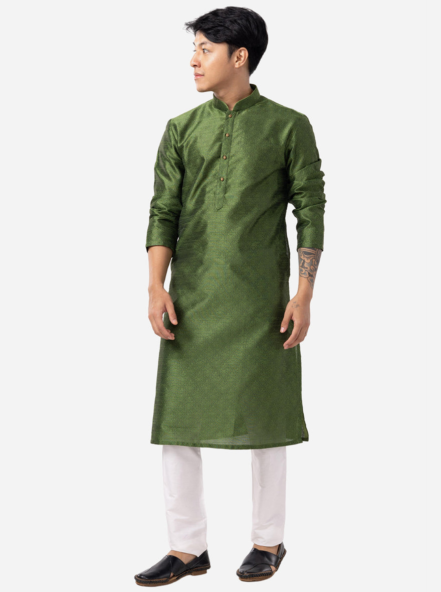Basil Green Printed Cotton Silk Blend Kurta | The Kurta Company