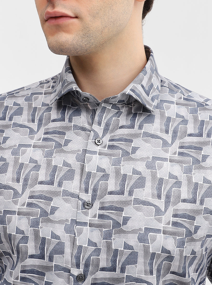 Grey Printed Slim Fit Party Wear Shirt | Greenfibre