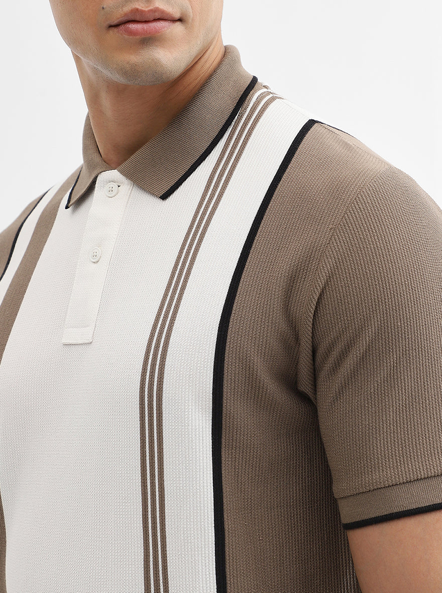 Mouse & White Striped Slim Fit Polo T-Shirt | Greenfibre
