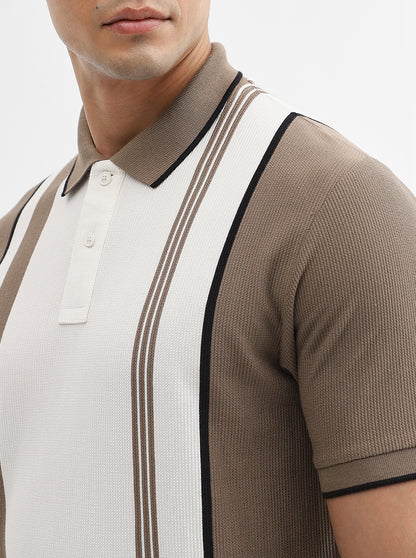 Mouse & White Striped Slim Fit Polo T-Shirt | Greenfibre