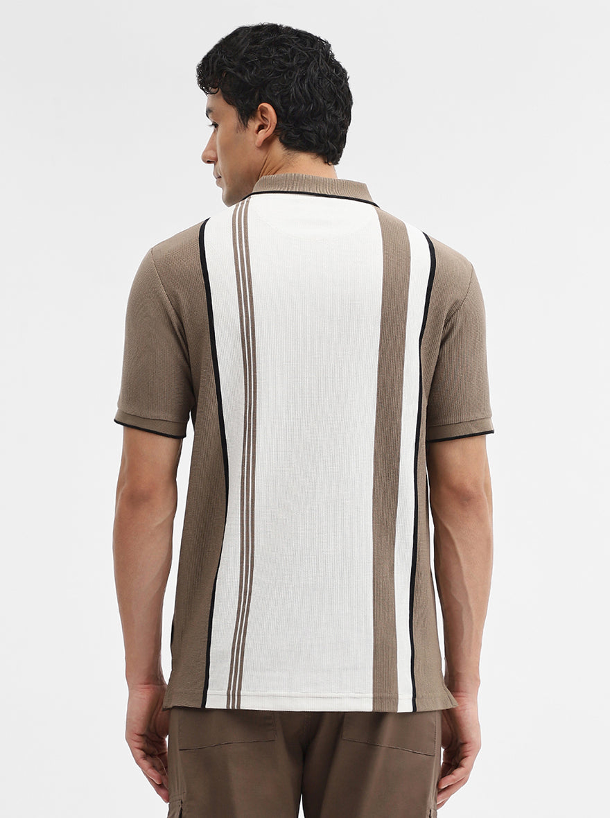 Mouse & White Striped Slim Fit Polo T-Shirt | Greenfibre