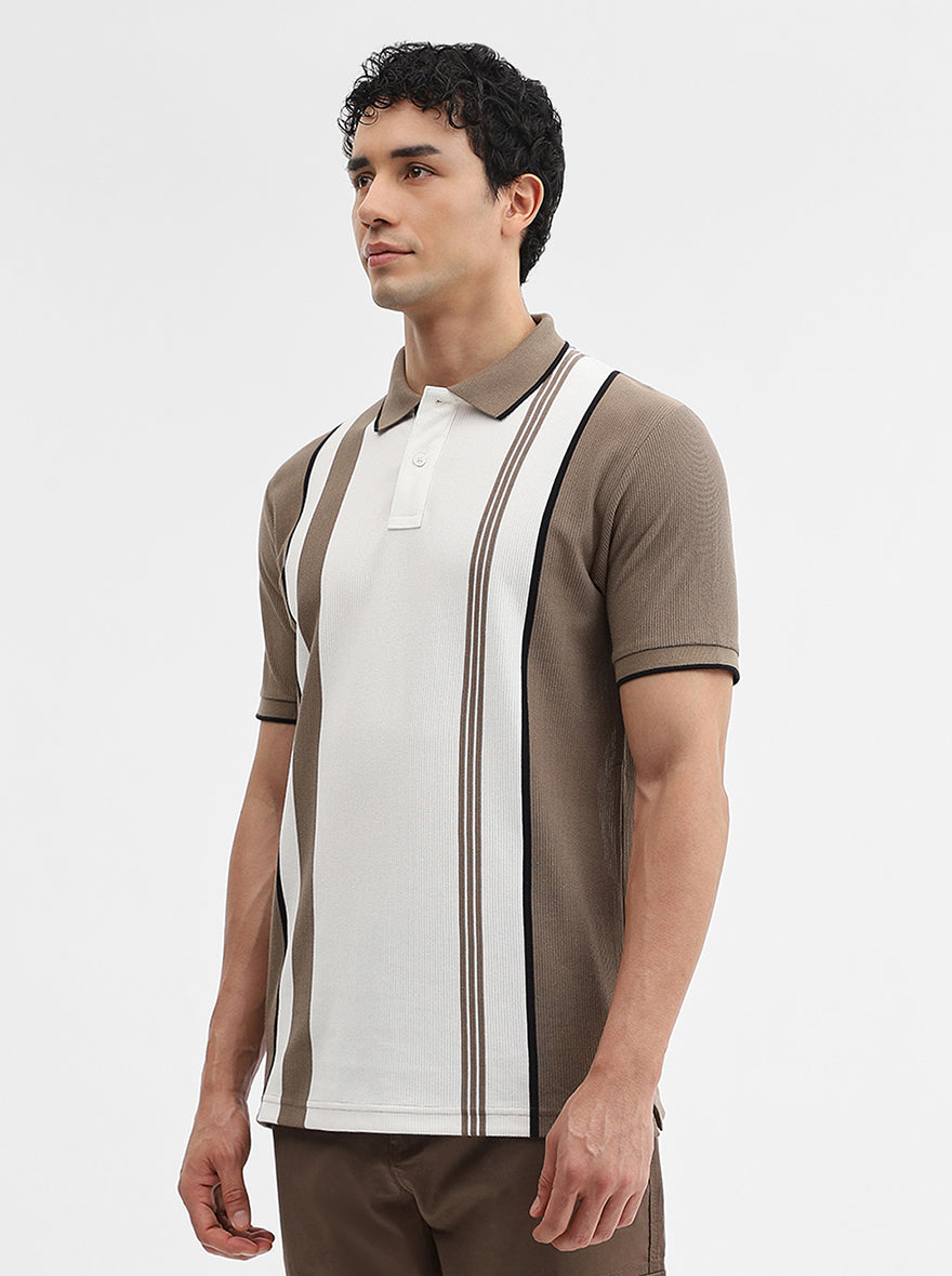 Mouse & White Striped Slim Fit Polo T-Shirt | Greenfibre