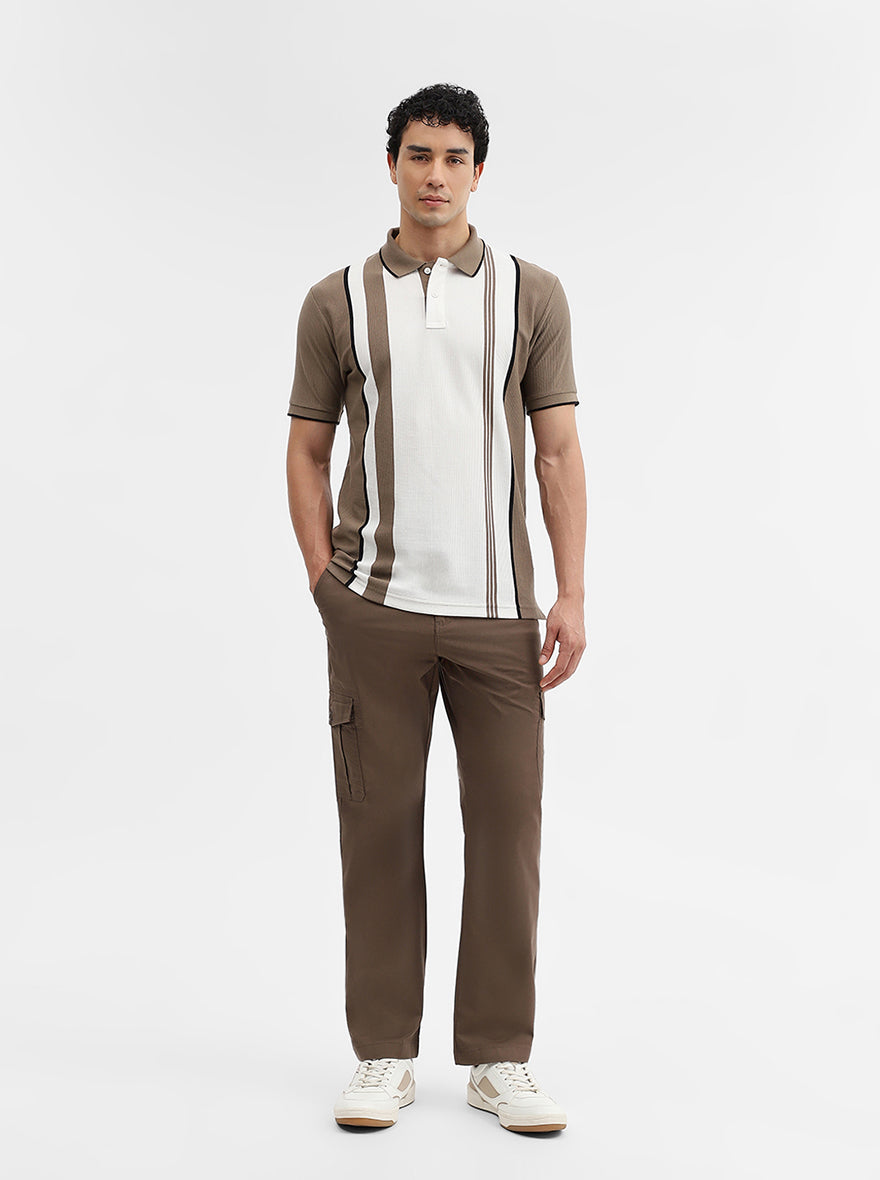 Mouse & White Striped Slim Fit Polo T-Shirt | Greenfibre
