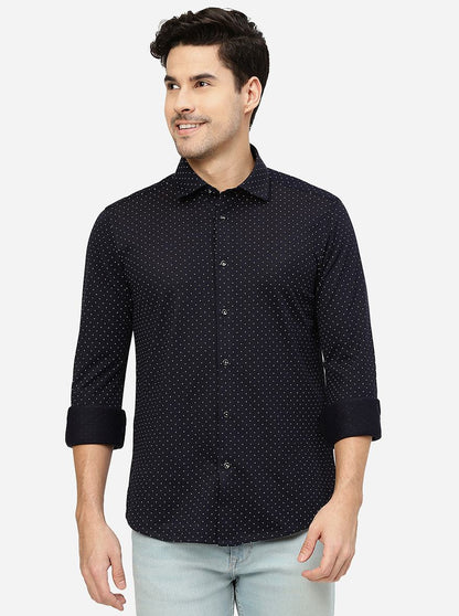 Navy Blue Printed Slim Fit Party Wear Shirt | JB Studio