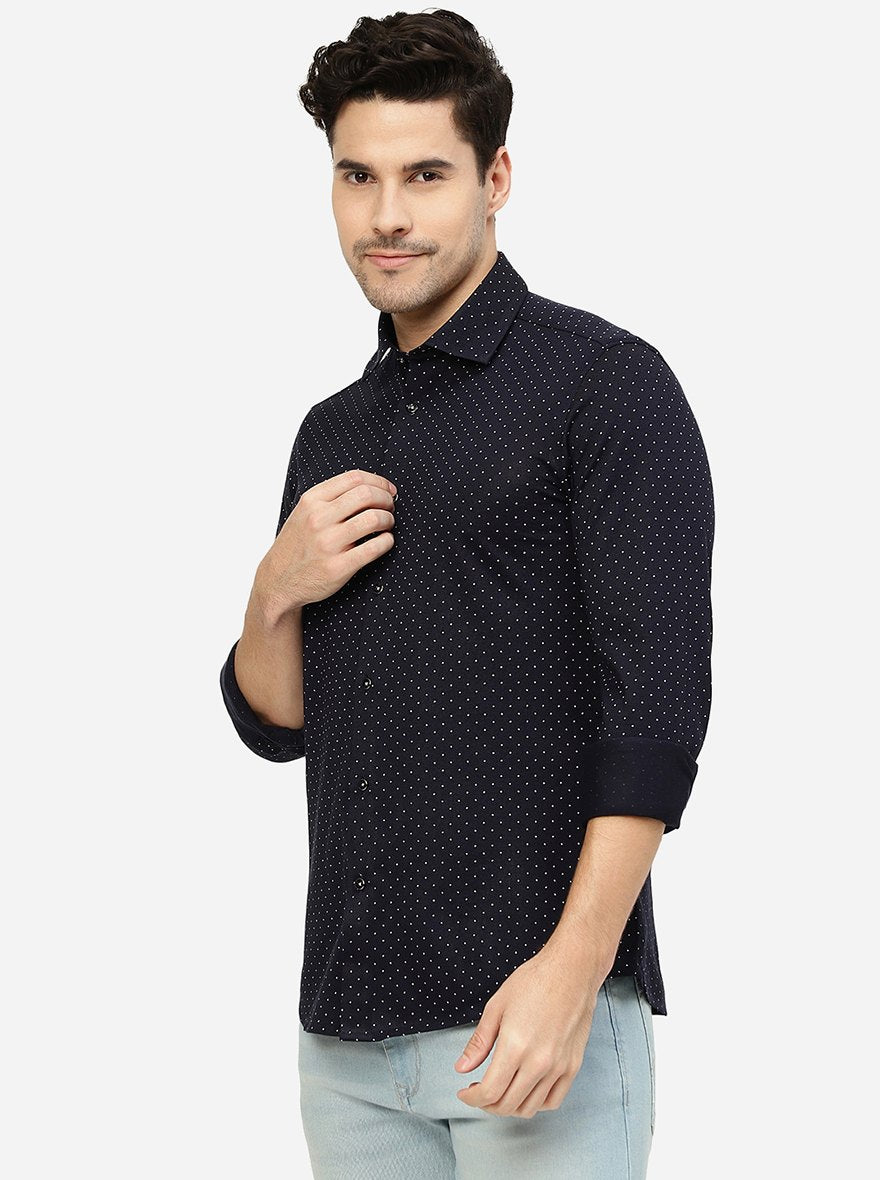Navy Blue Printed Slim Fit Party Wear Shirt | JB Studio