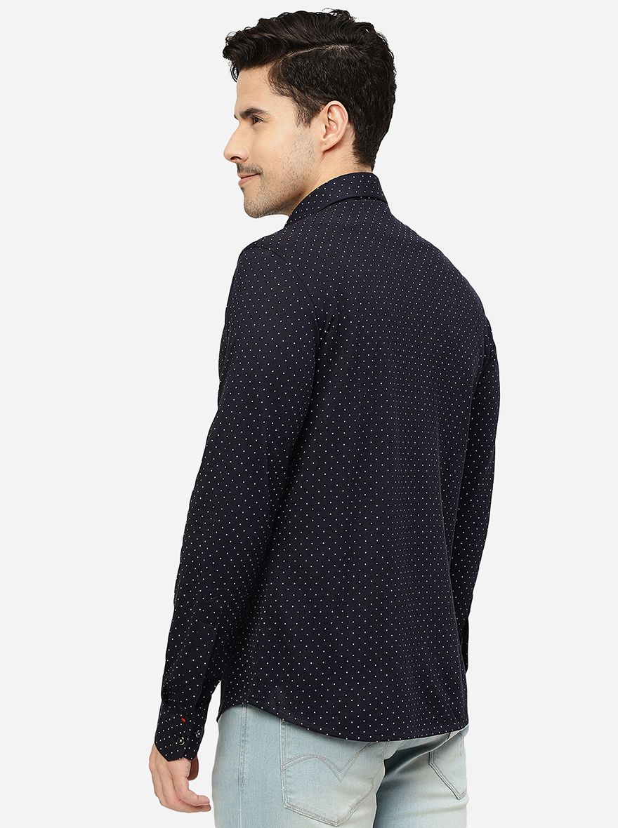 Navy Blue Printed Slim Fit Party Wear Shirt | JB Studio