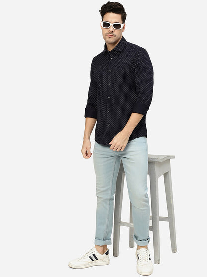 Navy Blue Printed Slim Fit Party Wear Shirt | JB Studio