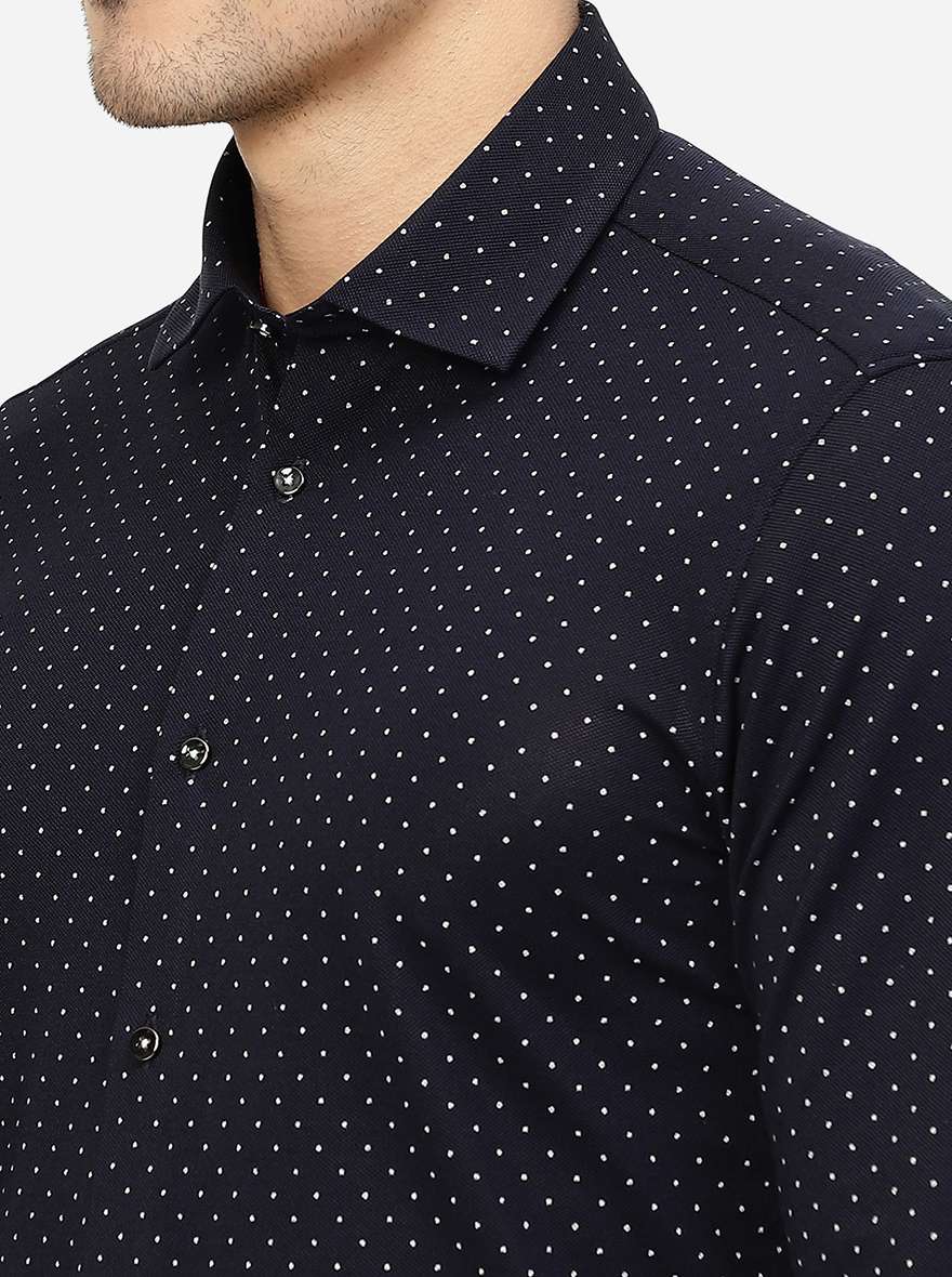 Navy Blue Printed Slim Fit Party Wear Shirt | JB Studio