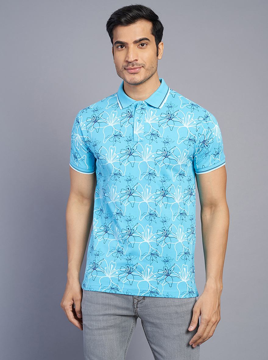 Blue Printed Slim Fit Polo T-Shirt | Greenfibre