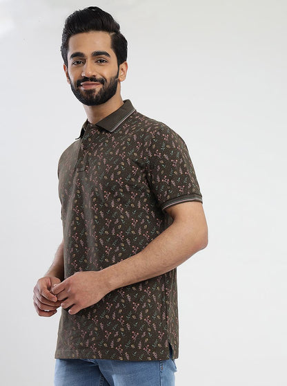 Khaki Printed Slim Fit Polo T-Shirt | Greenfibre