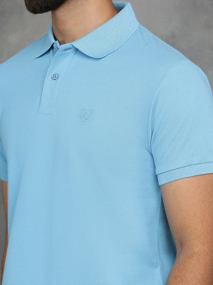 Sky Blue Solid Slim Fit Polo T-Shirt | GreenFibre