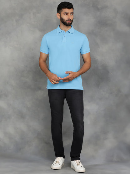 Sky Blue Solid Slim Fit Polo T-Shirt | GreenFibre