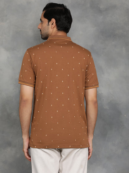 Brown Printed Slim Fit Polo T-Shirt | GreenFibre