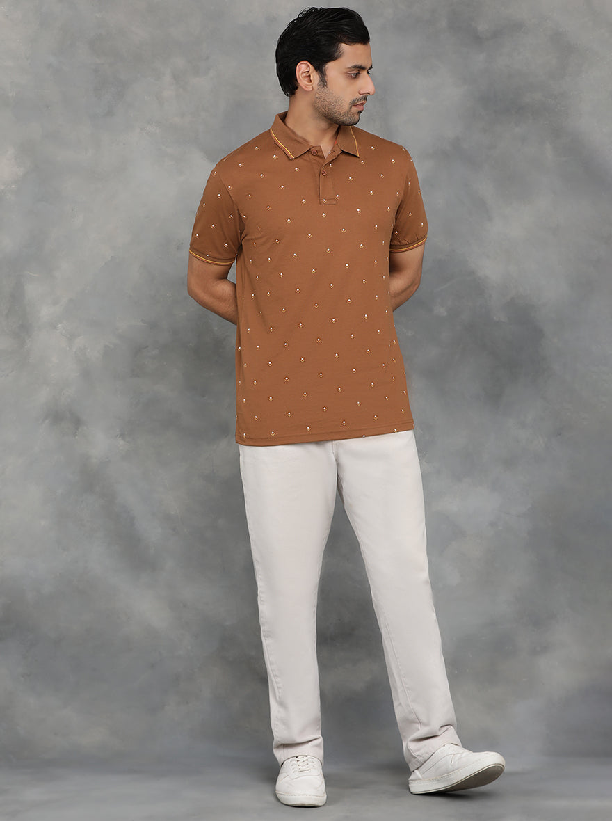 Brown Printed Slim Fit Polo T-Shirt | GreenFibre