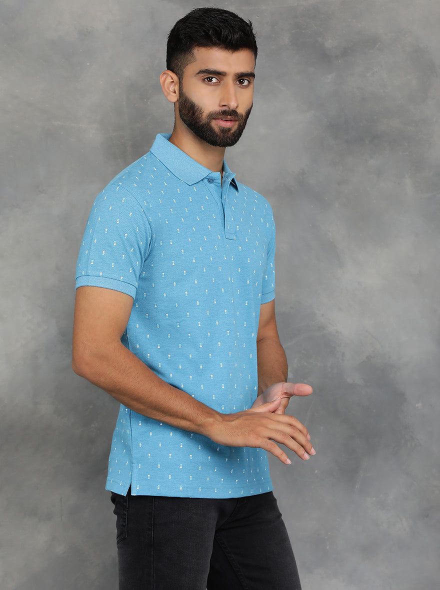 Light Blue Printed Slim Fit Polo T-Shirt | GreenFibre