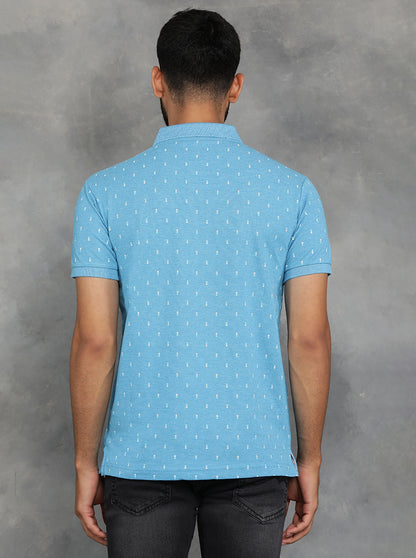 Light Blue Printed Slim Fit Polo T-Shirt | GreenFibre