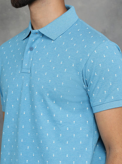 Light Blue Printed Slim Fit Polo T-Shirt | GreenFibre
