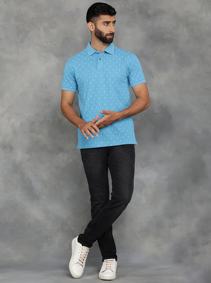 Light Blue Printed Slim Fit Polo T-Shirt | GreenFibre