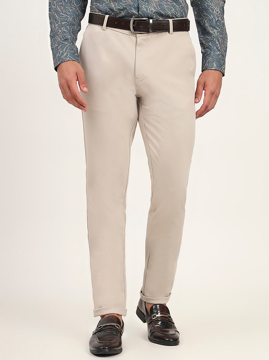Beige Solid Slim Fit Club Wear Trouser | JB Studio