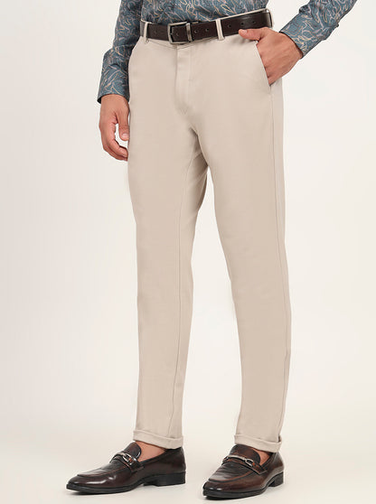 Beige Solid Slim Fit Club Wear Trouser | JB Studio