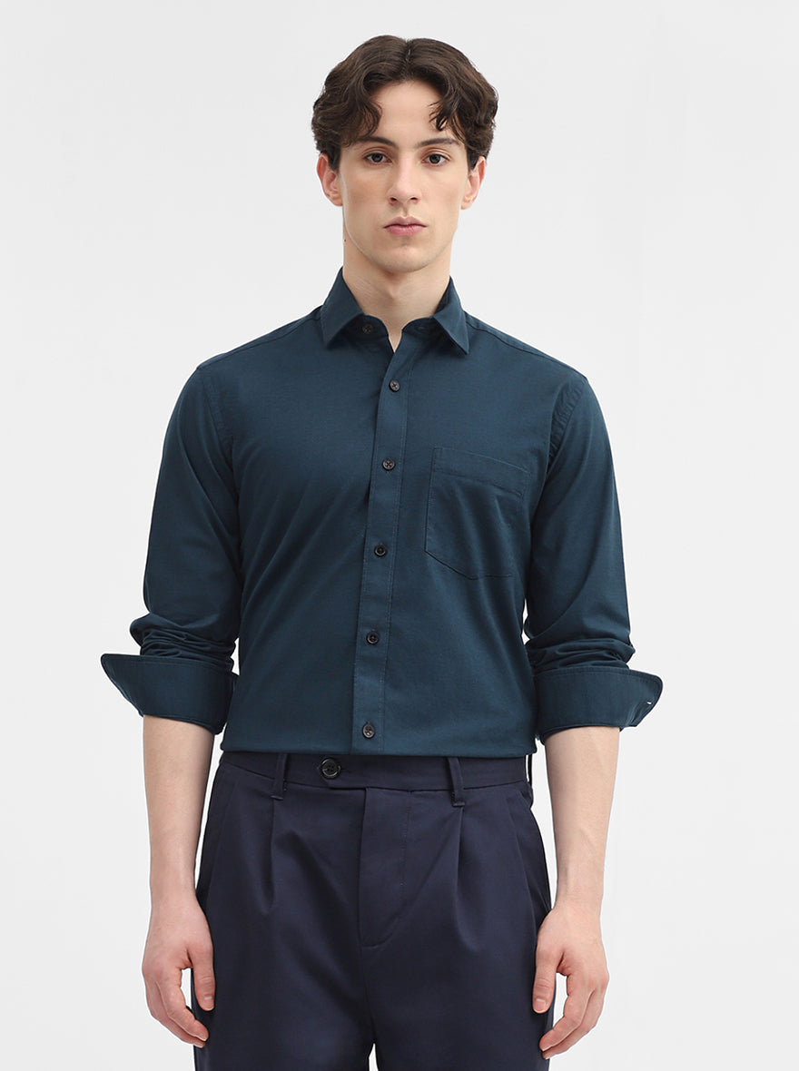 Teal Solid Tailored Fit Semi Casual Shirt | JadeBlue