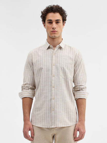 Beige Striped Slim Fit Casual Shirt | JadeBlue