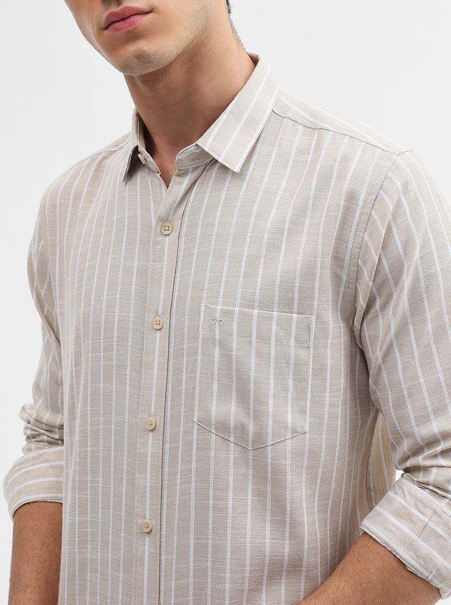 Beige Striped Slim Fit Casual Shirt | JadeBlue