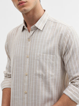 Beige Striped Slim Fit Casual Shirt | JadeBlue